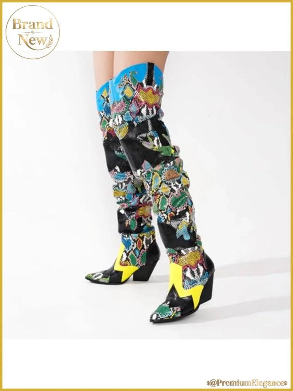 Faux Snakeskin Thigh High Western Boots Chunky Heel Pointed Toe